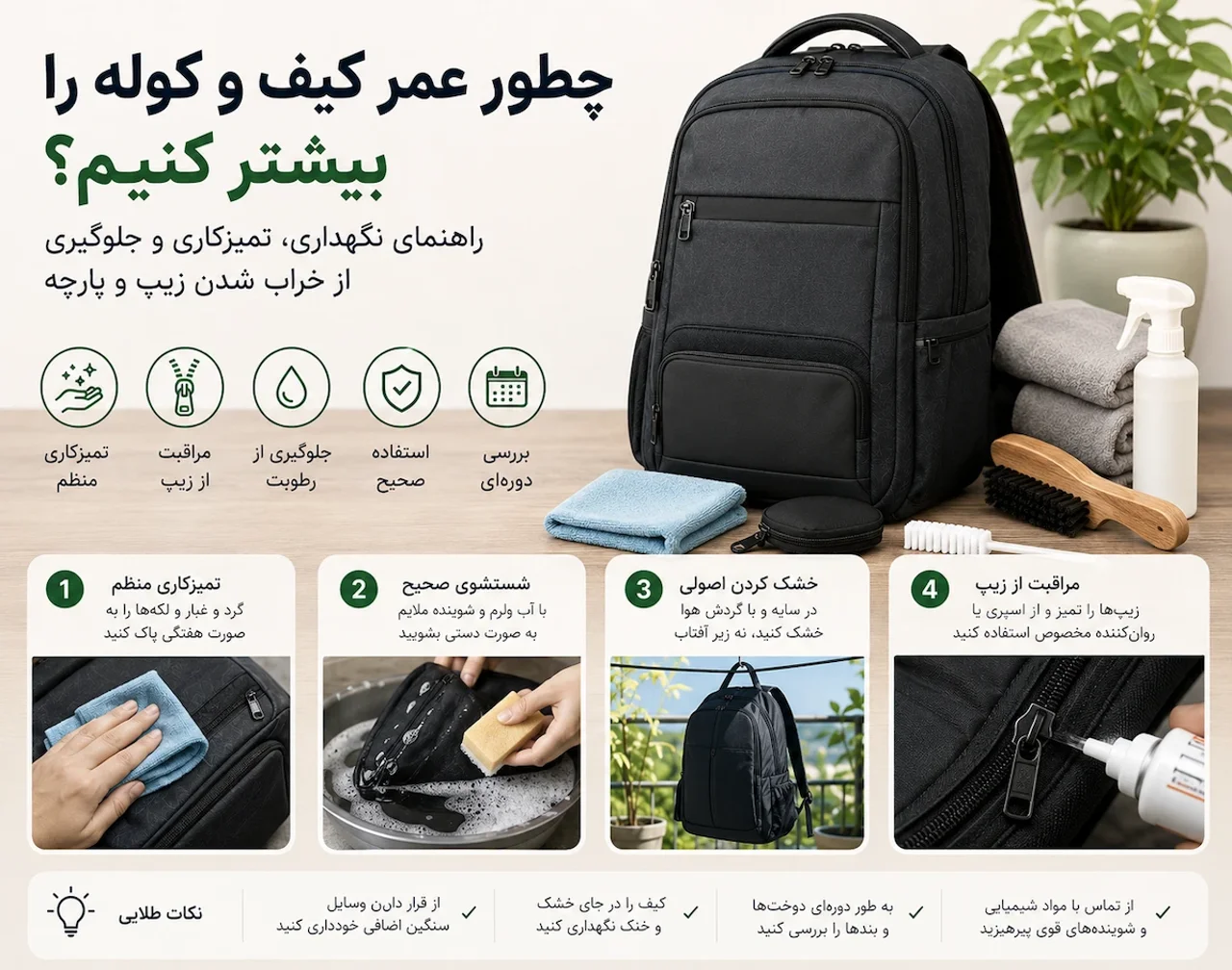 چطور عمر کیف و کوله را بیشتر کنیم؟ راهنمای نگهداری، تمیزکاری و جلوگیری از خراب شدن زیپ و پارچه