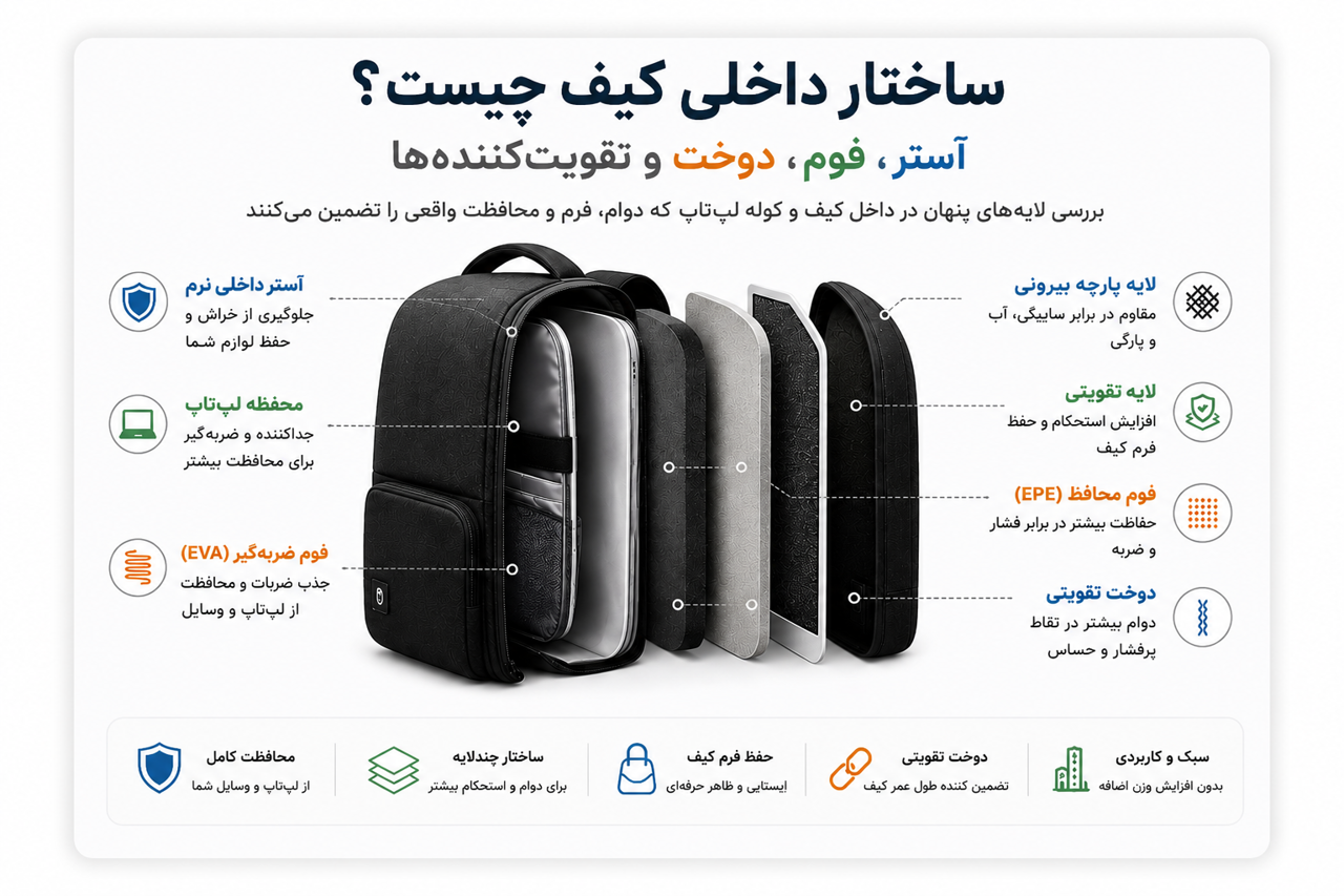 ساختار داخلی کیف چیست؟ آستر، فوم، دوخت و تقویتکنندهها