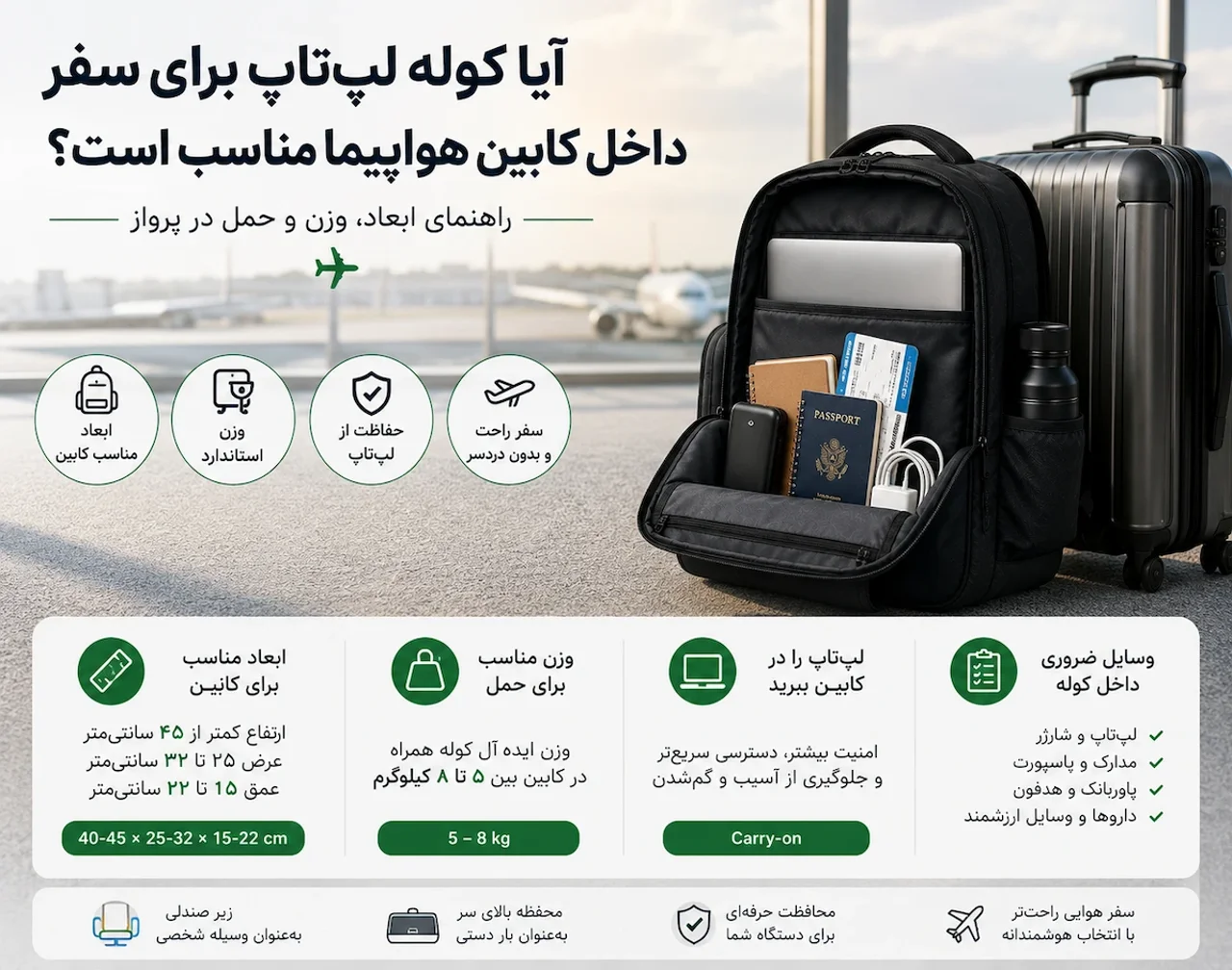 آیا کوله لپتاپ برای سفر داخل کابین هواپیما مناسب است؟ راهنمای ابعاد، وزن و حمل در پرواز
