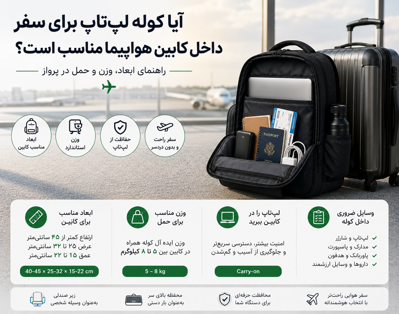 آیا کوله لپتاپ برای سفر داخل کابین هواپیما مناسب است؟ راهنمای ابعاد، وزن و حمل در پرواز
