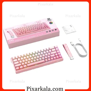 جعبه و محتویات کیبورد Onikuma G69 صورتی