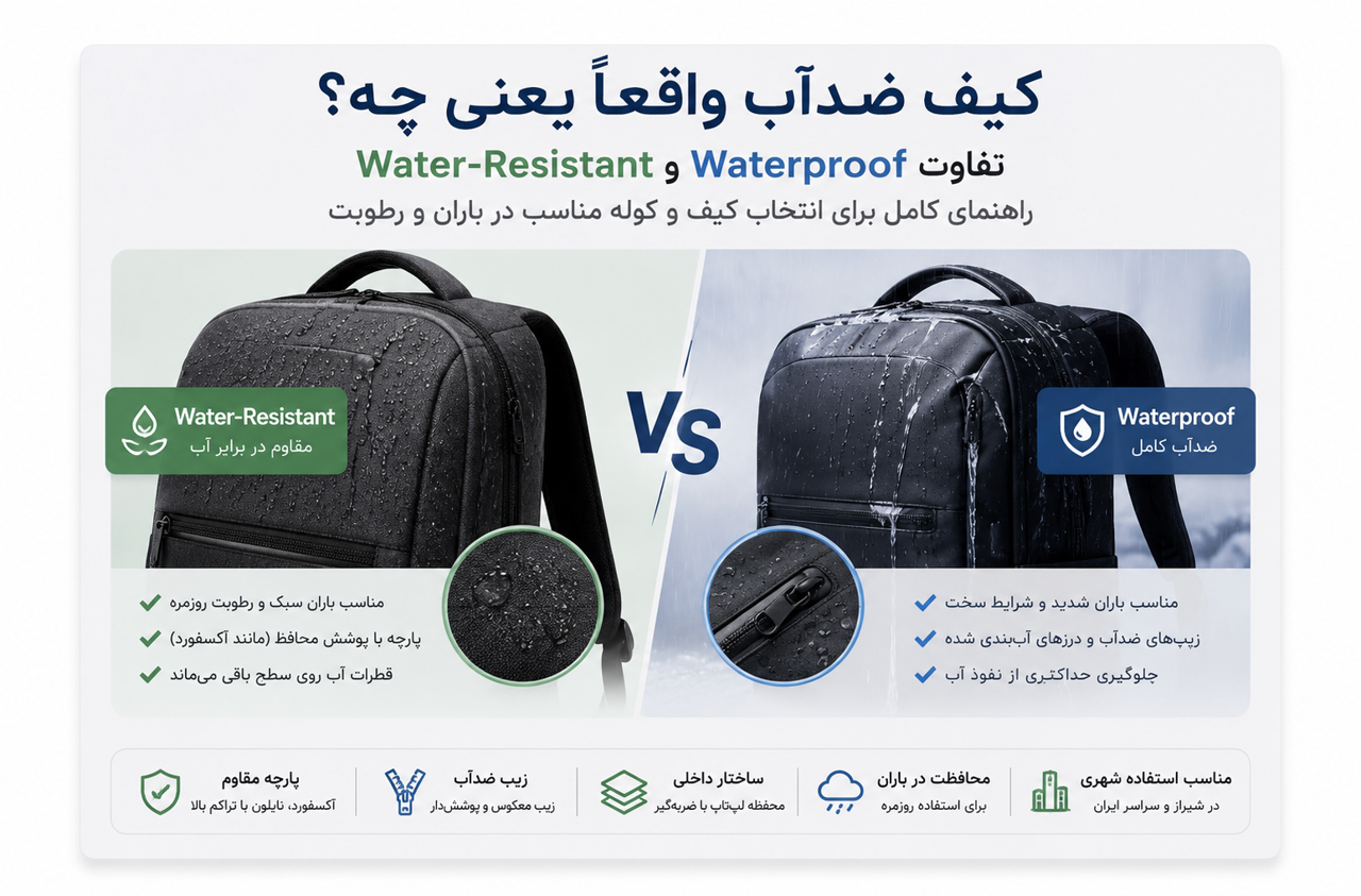 کیف ضدآب واقعاً یعنی چه؟ تفاوت Water-Resistant و Waterproof